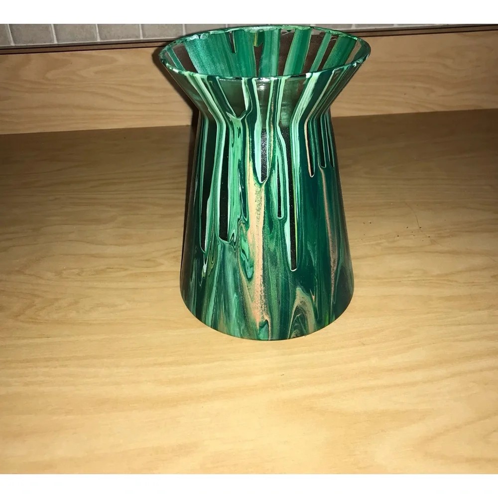 Hand made artisan glass  painted green flower vase
